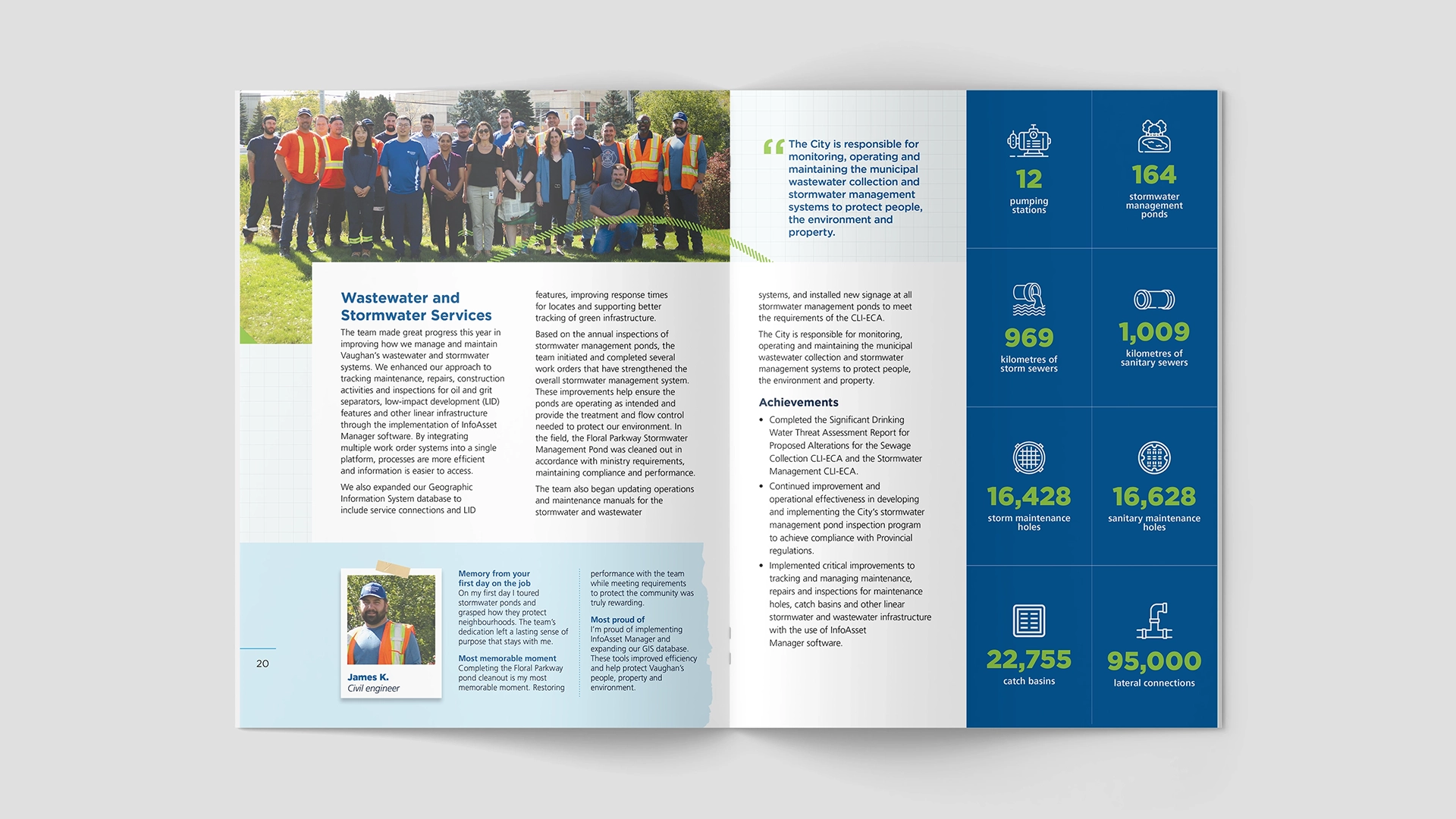 City of Vaughan Yearbook spread showing Wastewater and Stormwater Services team and metrics